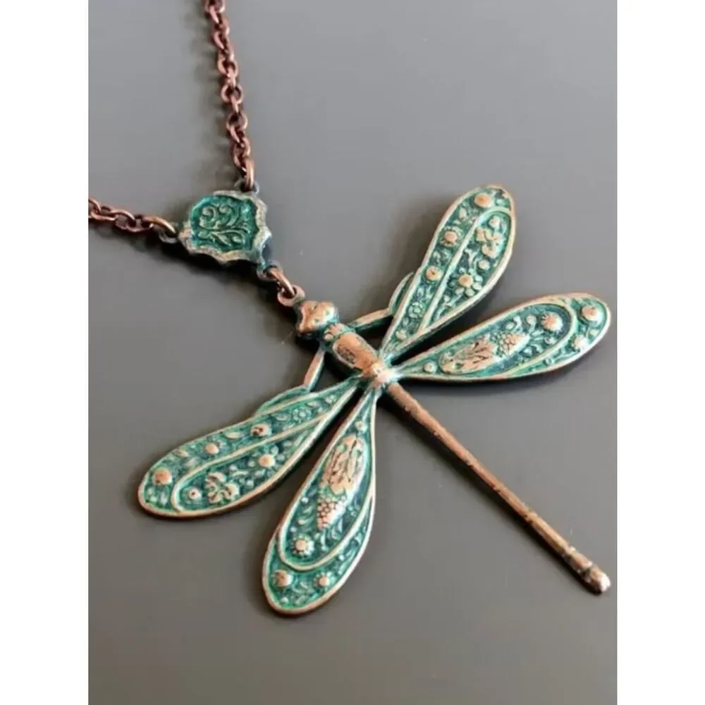 NWT Dragonfly Necklace Aged Copper Verdigris Patina